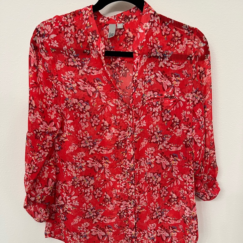 Red floral sheer blouse